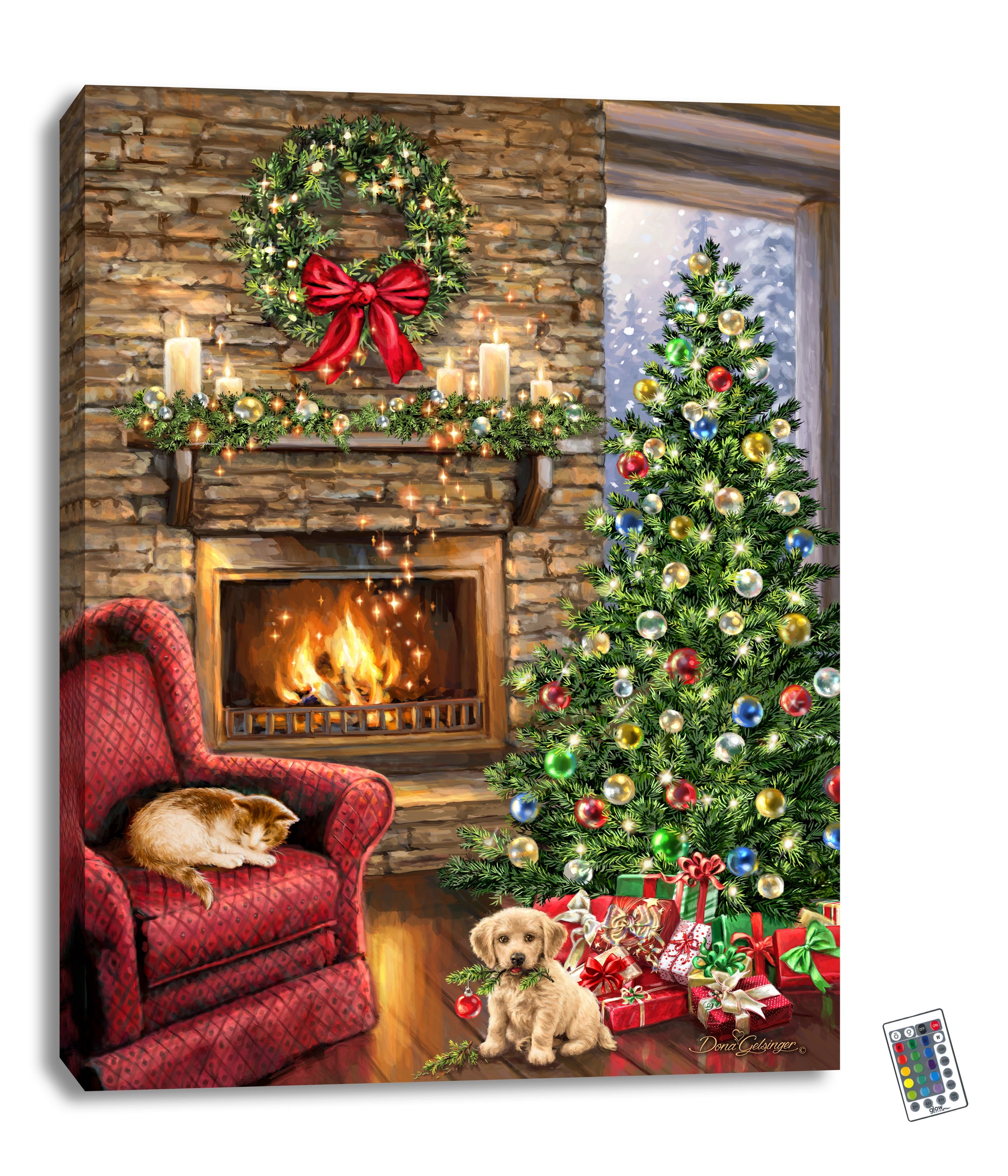 With its stunning depiction of a magical Christmas living room, this piece is the perfect addition to your festive decor.  The beautiful, fully illuminated Christmas tree takes center stage, adorned with sparkling ornaments and twinkling lights. Above it, a wreath and garland provide the perfect finishing touches to the room's holiday decor. And what's Christmas without presents?