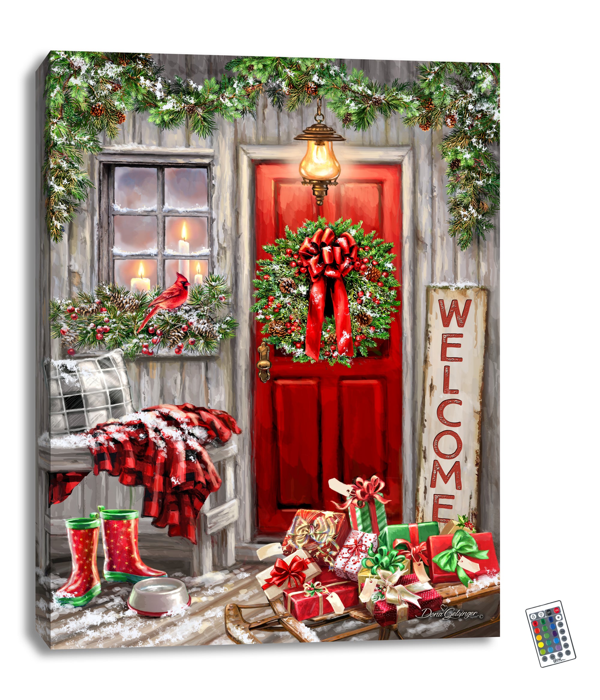 This stunning 18x24 piece features a charming red door adorned with a festive wreath and a welcoming sign that reads "welcome". The warm glow of the LED lights brings the scene to life, illuminating a lantern and garland perched above the door.