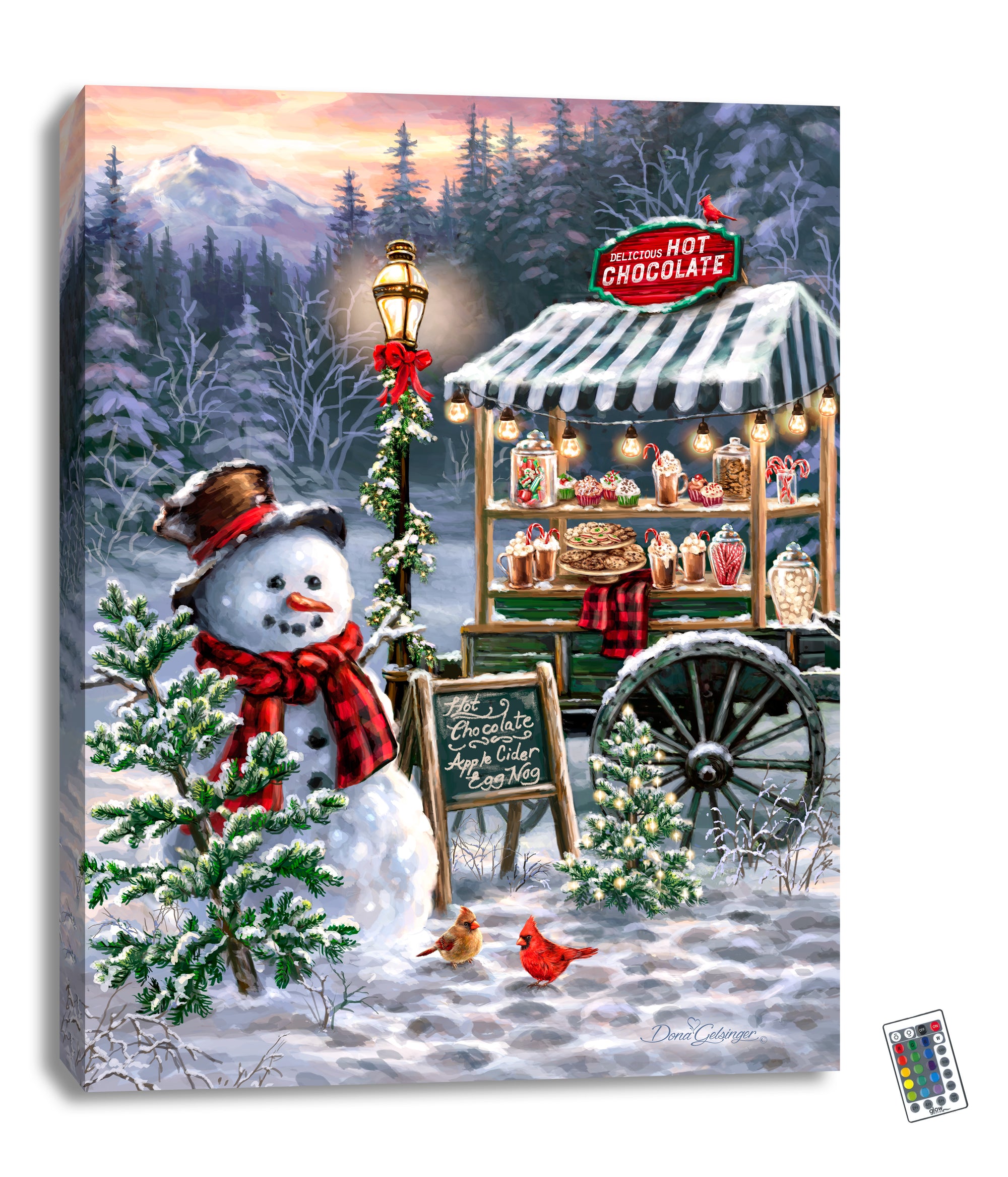Featuring a charming snowman dressed in a top hat and scarf, standing in front of a beautifully garland-wrapped lantern, this artwork sets the perfect scene for a romantic winter date.  But the real star of the show is the fully stocked hot chocolate stand, complete with everything you need to make the perfect cup of cocoa. From fluffy marshmallows to candy canes, cookies, and cupcakes.