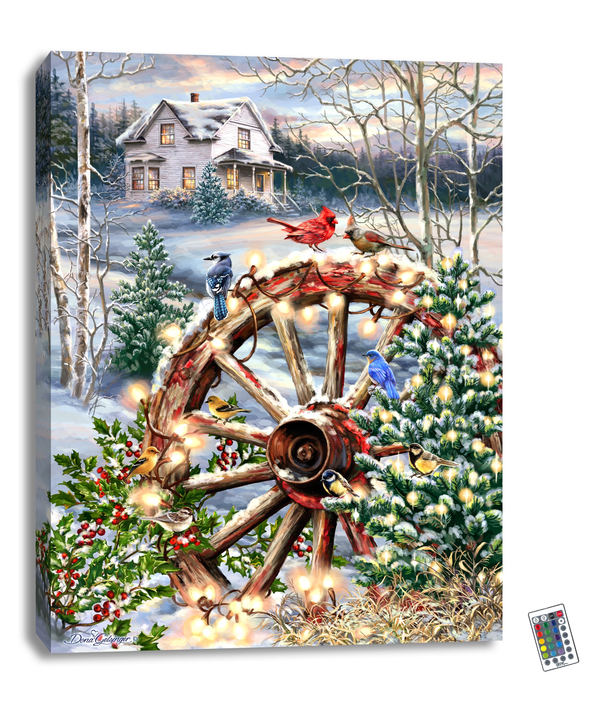 This breathtaking piece showcases a charming wagon wheel adorned with gorgeous Christmas decorations and twinkling lights, while delicate birds perch atop, spreading joy and peace.