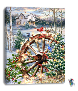 This breathtaking piece showcases a charming wagon wheel adorned with gorgeous Christmas decorations and twinkling lights, while delicate birds perch atop, spreading joy and peace.