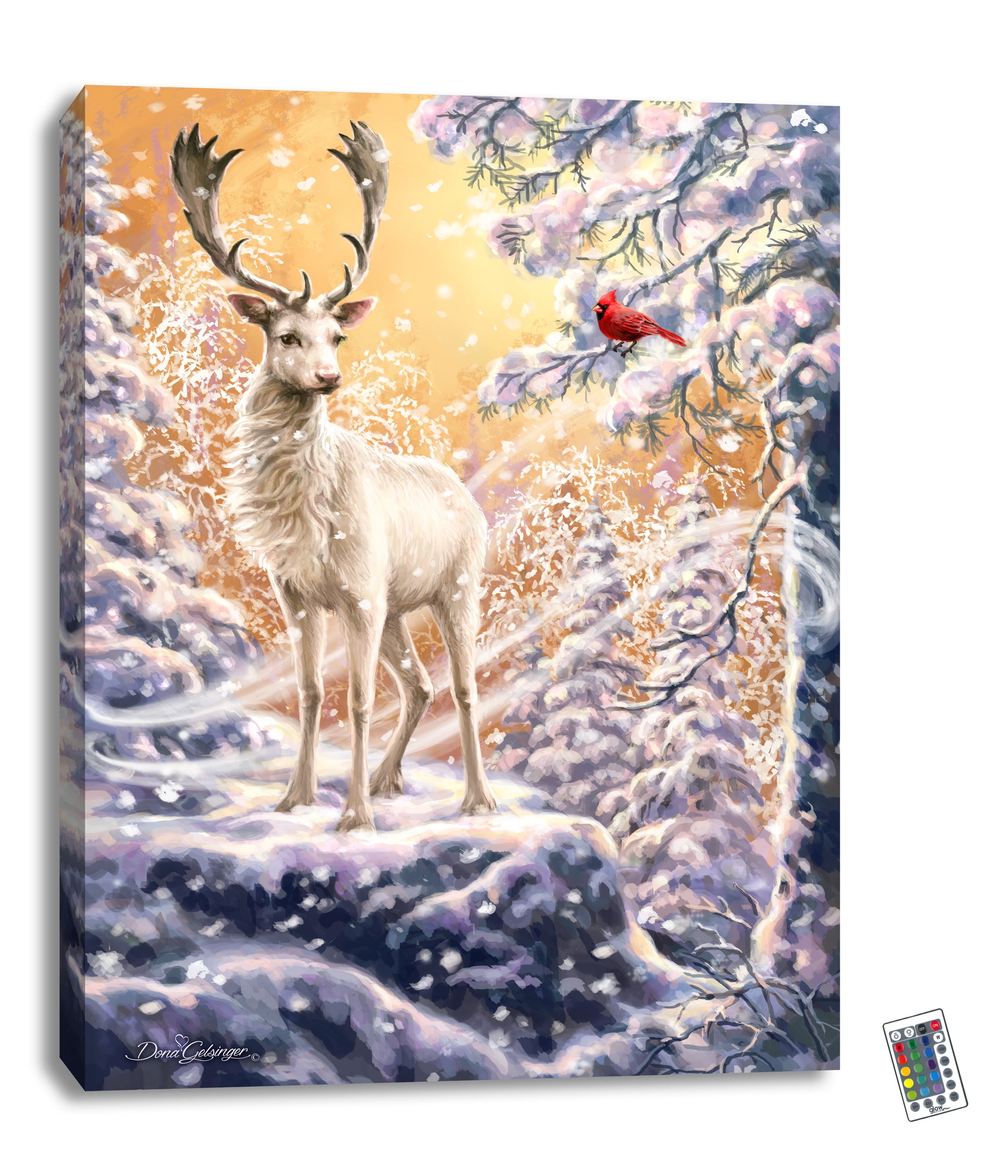 This exquisite piece showcases a majestic white reindeer, standing proud and tall amidst a picturesque snow-covered landscape.  The beauty of this piece is further enhanced by the presence of a vibrant red cardinal perched in a nearby tree.