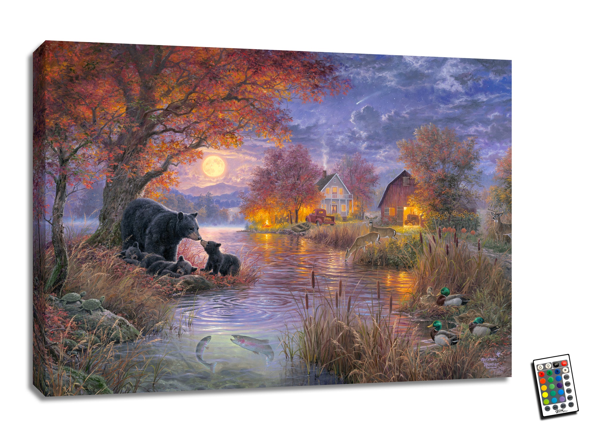 This stunning piece features a black bear family snuggled in for the night by a peaceful stream on a beautiful farm, with a full moon illuminating the sky in the background.