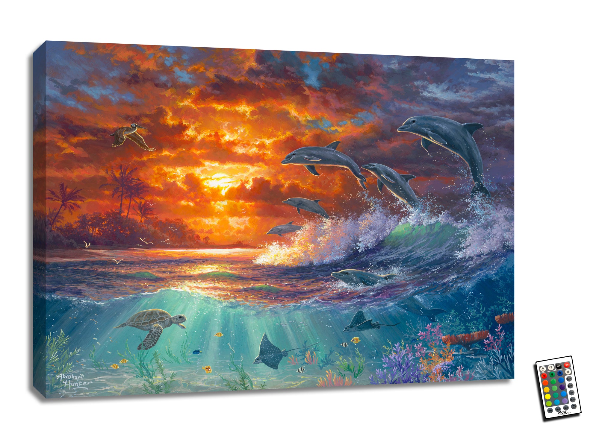 Beyond the Shore, a stunning 18x24 LED art piece that captures the romance and magic of the sea. Watch as dolphins leap out of the water, accompanied by turtles, stingrays, and an array of colorful fish, all set against the backdrop of a mesmerizing sunset.