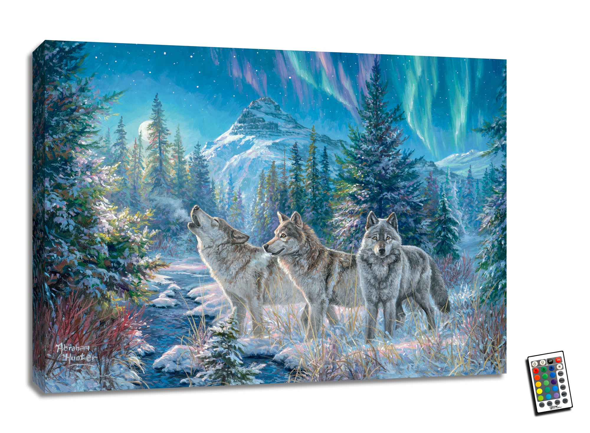 Featuring three majestic wolves standing amidst a serene snowy landscape. Behind them, towering pines stretch towards the sky, while a snow-covered peak rises majestically in the distance. The moon's gentle glow shines through the branches of a tree