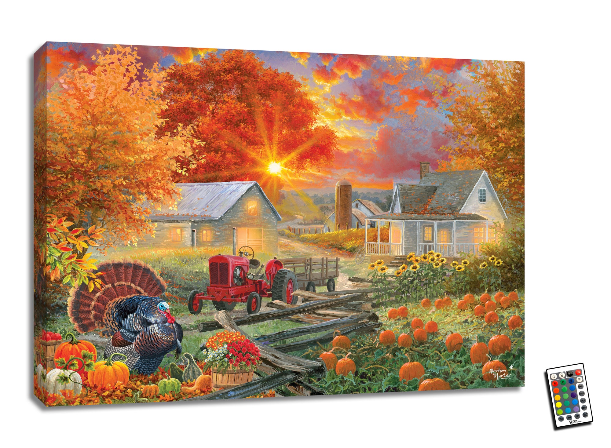 This stunning piece showcases a picturesque pumpkin farm bursting with the colors of the season. Lush orange pumpkins are scattered throughout the scene, alongside a turkey and vibrant sunflowers.  A bright red tractor with a trailer stands ready to be filled with bountiful harvest. In the distance, a charming barn and farmhouse complete the rustic ambiance. As the sun streams through the oak tree with its glowing orange leaves.