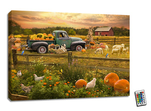 a vintage truck overflowing with vibrant pumpkins and delicate flower pots in its bed. The scene is set in an overgrown planter bed, where cute little chickens peck away at the ground amidst the plentiful pumpkins.  As you gaze beyond the fence, you'll be greeted by a picturesque family of sheep, their loyal canine companion, and a sea of hay bales, corn stalks, and more pumpkins.