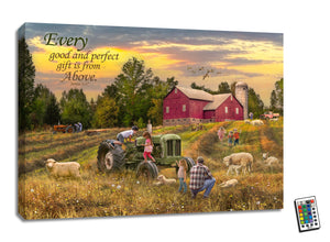  This stunning 18x24 piece features a farmer and his family enjoying a playful day on the farm, surrounded by fluffy sheep and a charming red barn in the background.