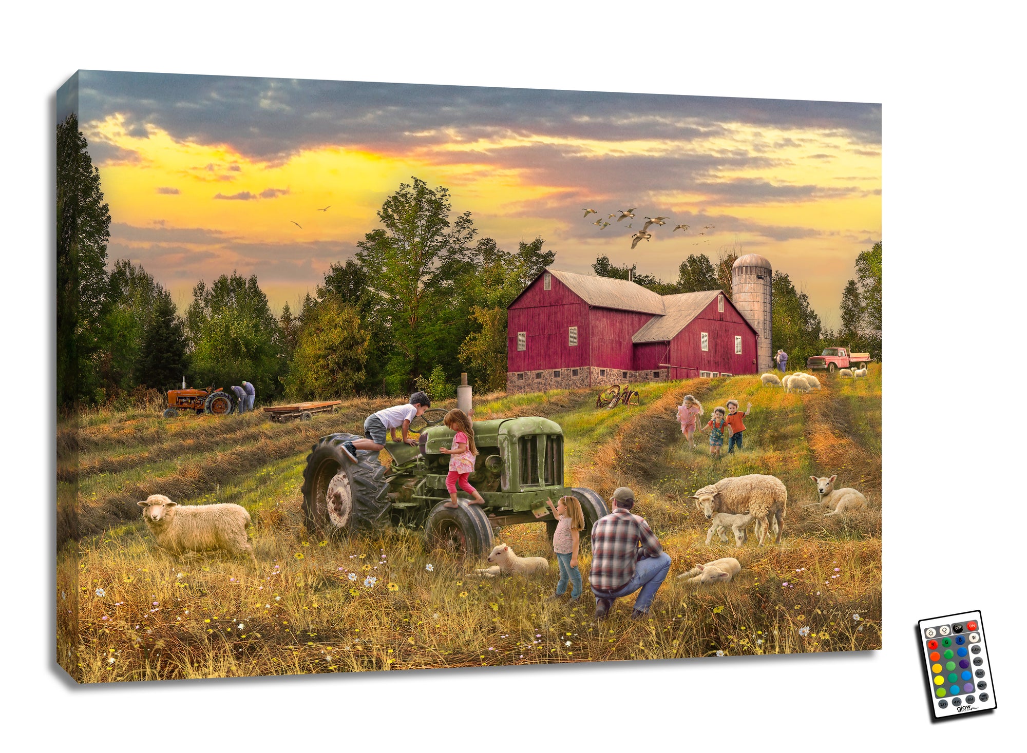 This enchanting artwork captures the essence of rural life as a farmer and his family play and laugh on and around their trusty tractor, surrounded by fluffy sheep and a charming red barn in the background.