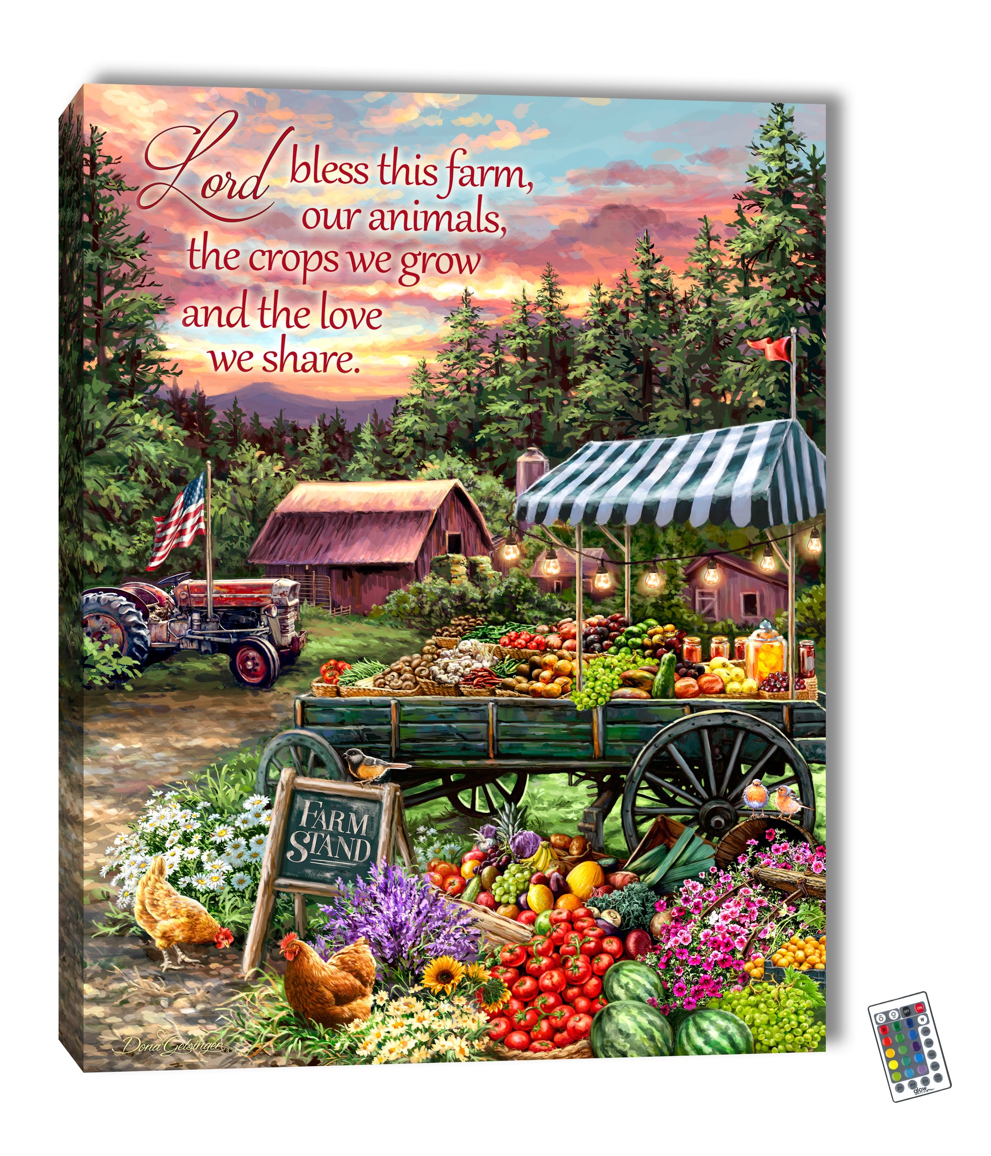 Featuring a picturesque scene of a small farmstand overflowing with vibrant fruits and vegetables, and a couple of chickens roaming about, this piece is sure to add a touch of rustic charm to any space.  With a stunning tractor in the background adorned with the American flag and a rustic barn, this canvas captures the essence of American farm life.