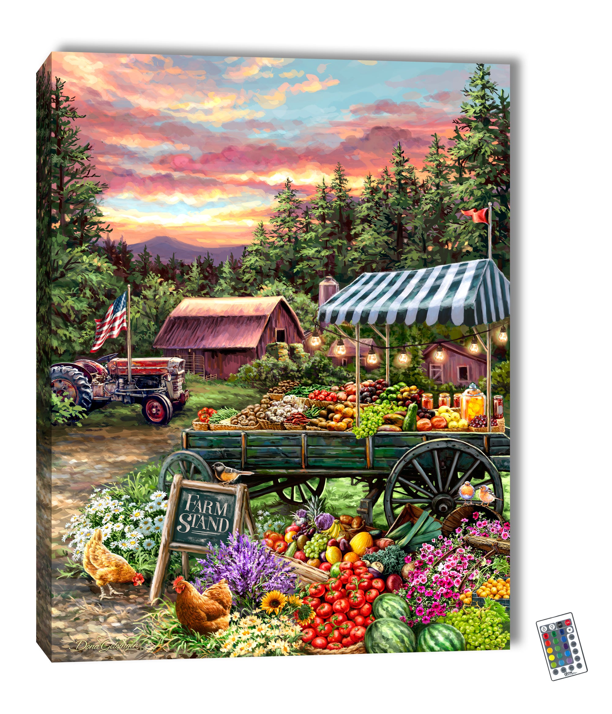 With its captivating depiction of a bustling farmstand, brimming with fresh fruits and vegetables, this piece of art will transport you to a simpler time, where life was wholesome and the earth was bountiful.  The warm glow of the LED lights illuminates the colorful produce, creating a feast for the eyes that will leave you feeling inspired and invigorated.