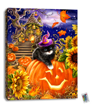 This charming piece features a mischievous kitten wearing a cute witch's hat, playfully lounging atop a jack-o-lantern. With other jack-o-lanterns and sunflowers beautifully interspersed throughout the painting, this piece is the perfect blend of spooky and sweet.  In the background, you'll notice a charming yet eerie cabin, adding to the playful and frightening atmosphere. And of course, no Halloween scene would be complete without a full moon shining brightly overhead.