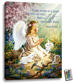 Experience the gentle beauty of divine love with "An Angel's Spirit" - a stunning 18x24 fully illuminated LED art piece. Featuring an enchanting angel sitting amidst a vibrant array of flowers, this masterpiece radiates with the purest essence of romance and compassion.