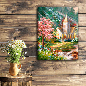 Be Still 18x24 18x24 Fully Illuminated LED Art. A chapel by a stream with flowers in bloom with Psalm 46:10 written on the canvas staged in a bright room.