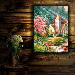 Be Still 18x24 18x24 Fully Illuminated LED Art. A chapel by a stream with flowers in bloom with Psalm 46:10 written on the canvas staged in a dark room.