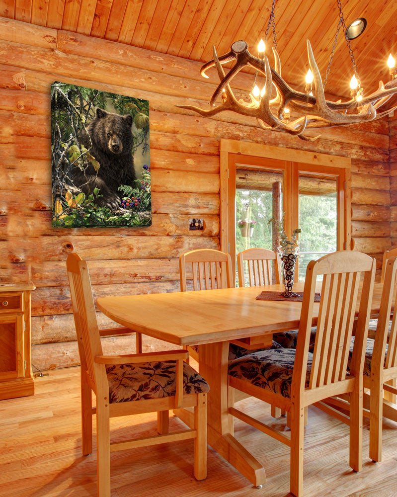 Black Bear Woods 18x24 Fully Illuminated LED Art. Black bear in the woods with berries staged in a bright room.