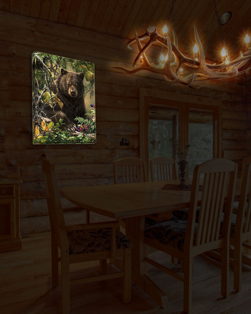 Black Bear Woods 18x24 Fully Illuminated LED Art. Black bear in the woods with berries staged in a dark room.
