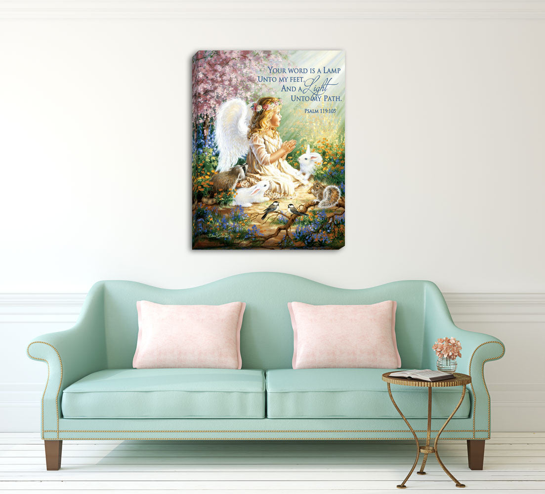 An Angel's Spirit 18x24 Fully Illuminated LED Art. An angel sitting in flowers surrounded by cute animals with Psalm 119:105 staged in a bright room.