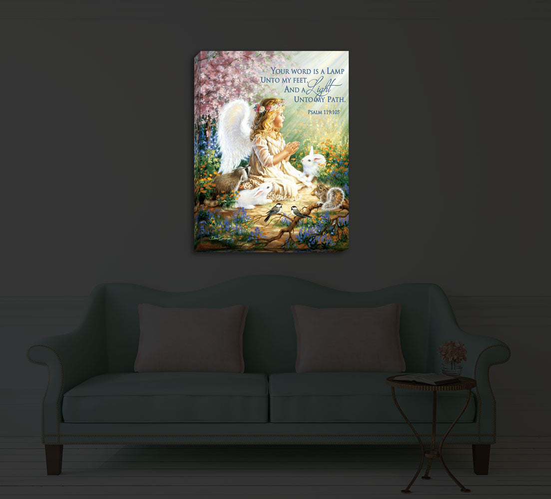 An Angel's Spirit 18x24 Fully Illuminated LED Art. An angel sitting in flowers surrounded by cute animals with Psalm 119:105 staged in a dark room.