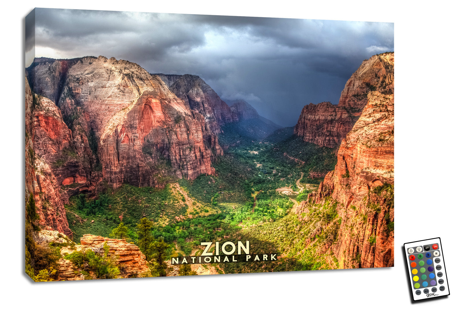  the Zion Fully Illuminated LED Wall Art captures the majesty of the park's towering cliffs, showcasing their sheer grandeur in stunning detail.