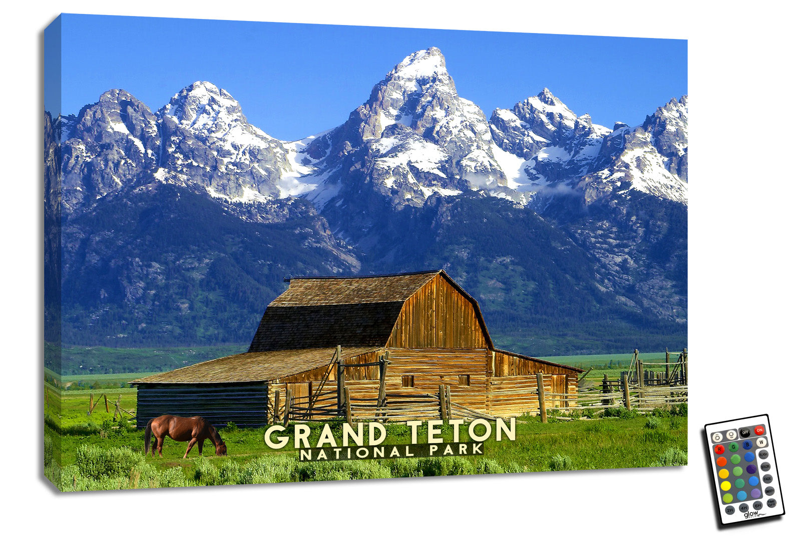  Featuring a stunning image of a rustic barn and a majestic horse standing before the breathtaking snow-covered mountains, this illuminated wall art will transport you to a world of peace and tranquility.