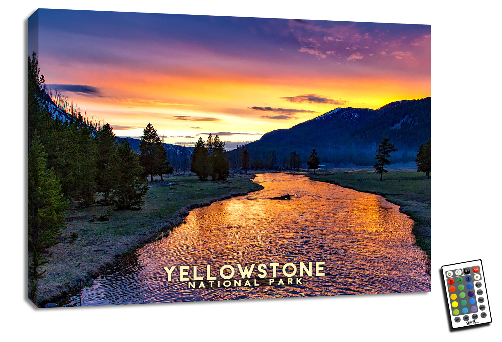 This 18x24 masterpiece captures the essence of the park with its picturesque depiction of the Yellowstone River flowing gently through the landscape as the sun sets over the majestic mountains.