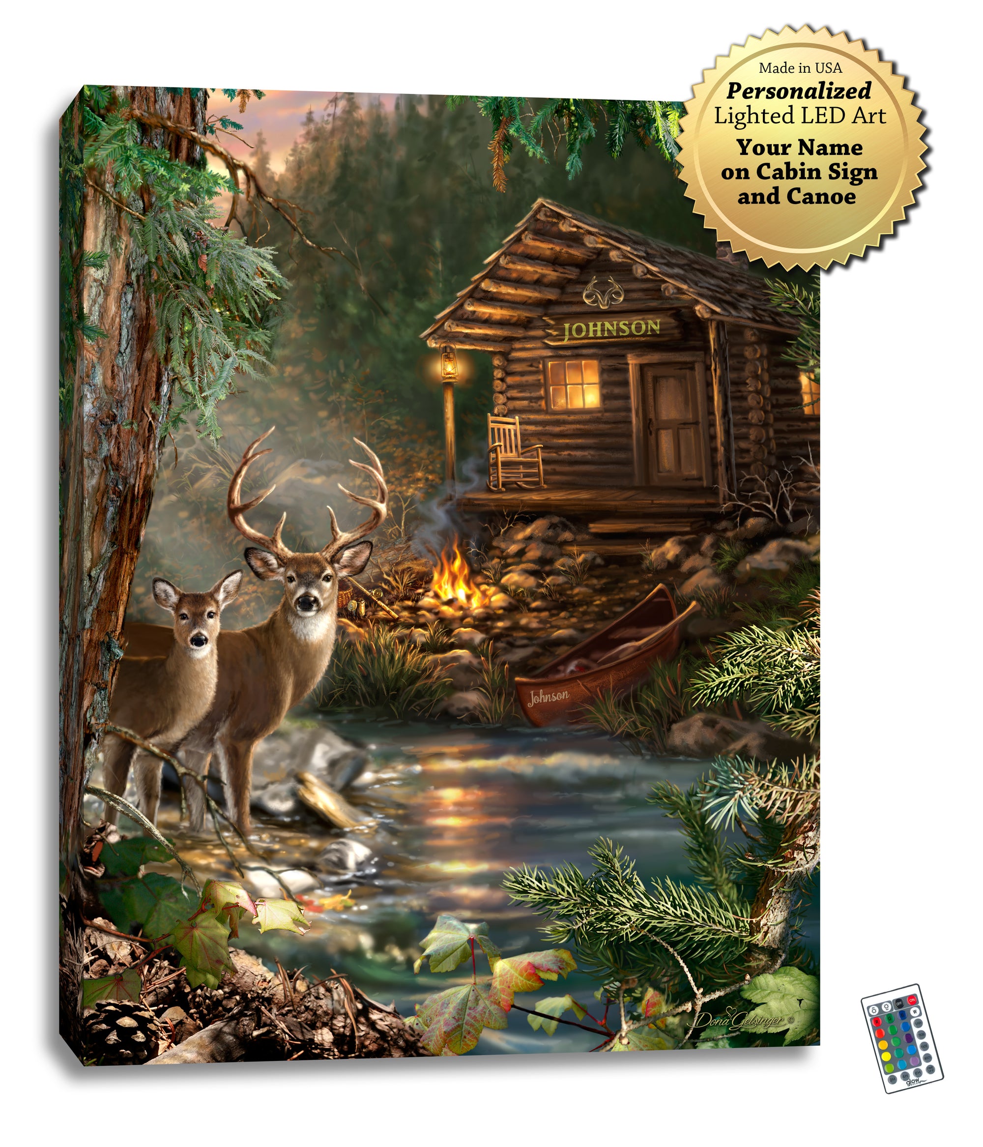 This breathtaking piece captures the serene beauty of a buck and a doe standing in the tranquil waters of a small river, with a rustic canoe resting on the bank nearby. The glow of the LED illumination adds a touch of warmth to the idyllic scene, creating an enchanting atmosphere.