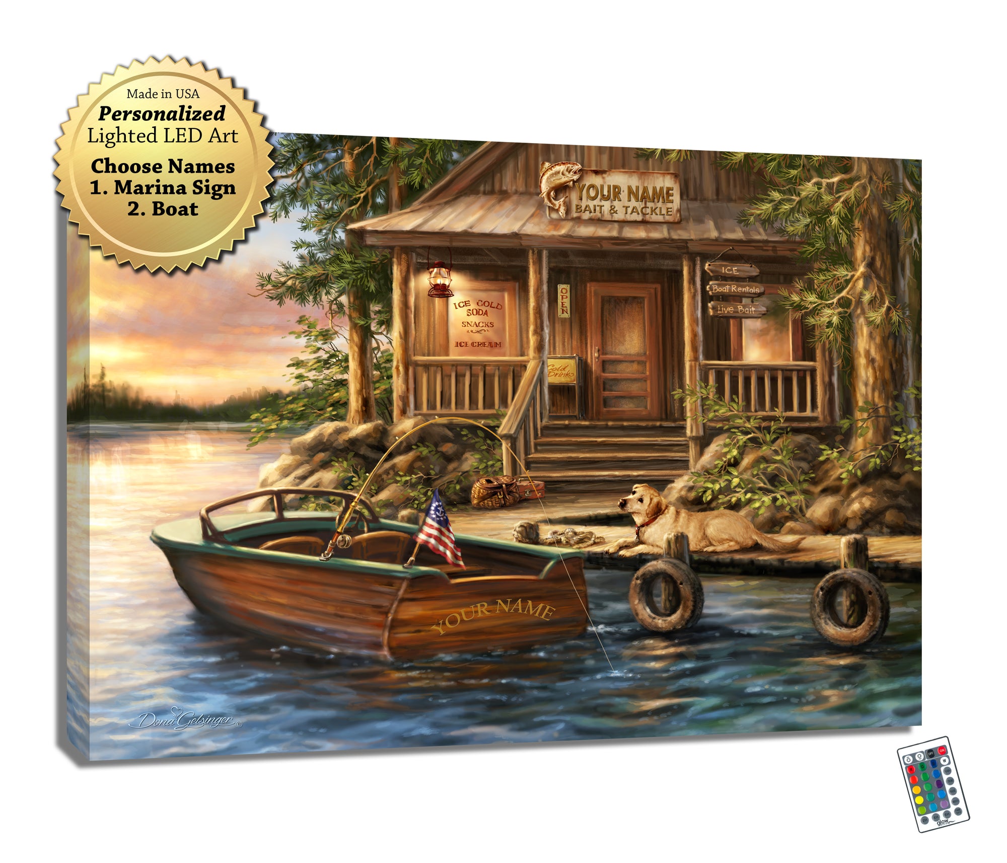 This stunning piece captures the essence of a peaceful day on the water, with a beautiful boat moored at the rustic marina, and a loyal furry friend relaxing on the dock.