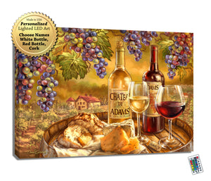 This stunning piece captures the essence of a dreamy vineyard setting, complete with a platter of delectable cheese, freshly baked bread, and an inviting assortment of half-filled wine glasses.  The backdrop of this masterpiece is a breathtaking vineyard scene, with a stunning villa nestled in the background. Delicate grape vines hang along the top of the canvas, adding to the enchanting ambiance.