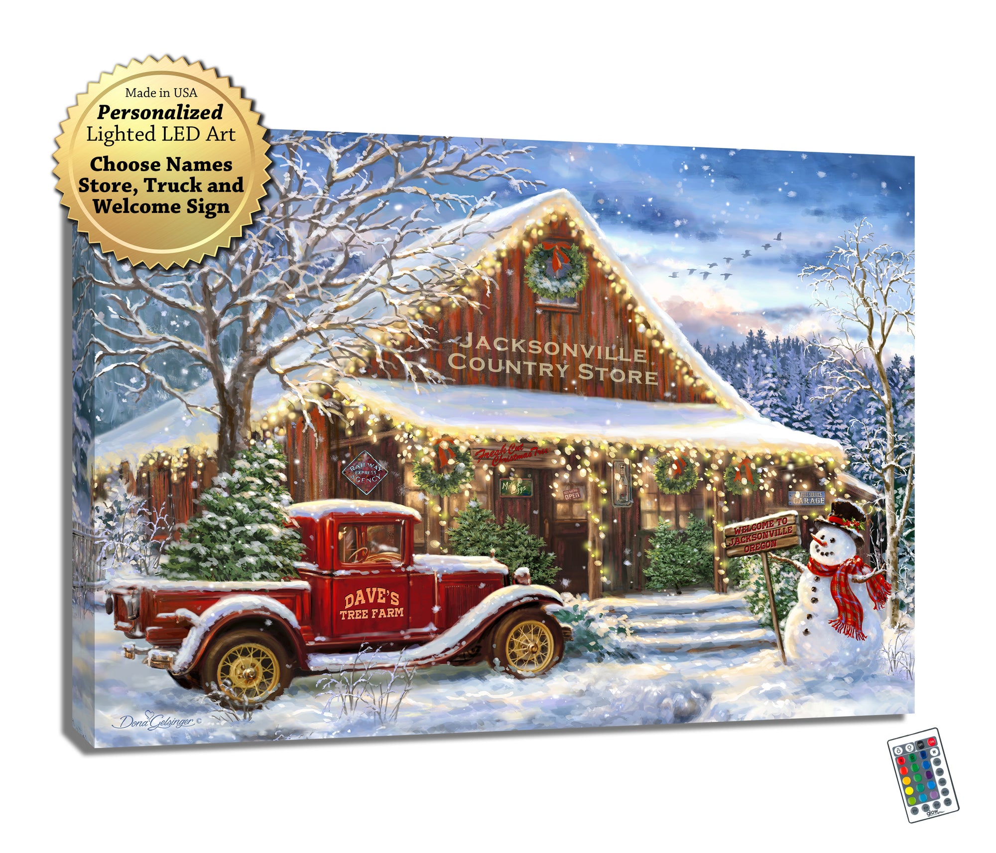Featuring a charming scene of an old red truck with a fresh cut Christmas tree in its bed, accompanied by a jolly snowman wearing a scarf and top hat, this wall art captures the magic of the holiday season in a truly unforgettable way.  With a snow-covered wooden country store in the background adorned with wreaths and Christmas lights.