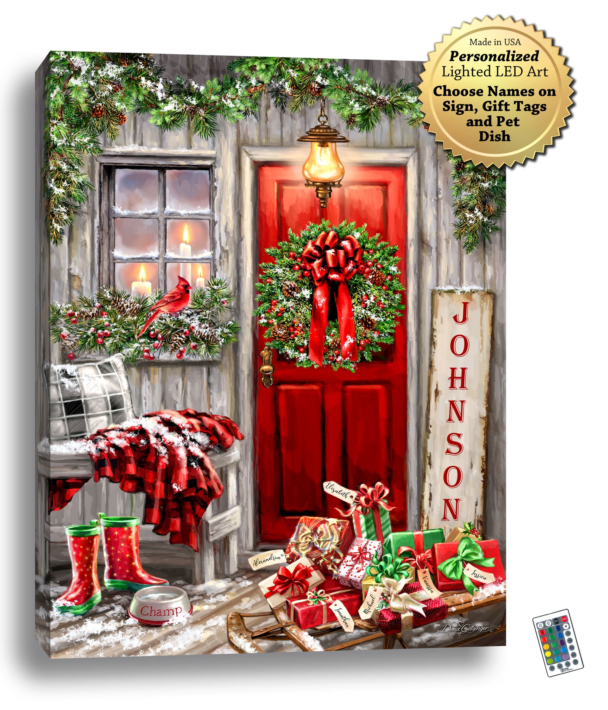  a bright red door adorned with a festive wreath and bow. On one side of the door, a wooden sign and sled topped with lots of presents are waiting to be opened. On the other side of the door, a bench with a cozy blanket and pillow offers a perfect spot to relax and enjoy the holiday spirit. Under the bench, a pair of rain boots and a dog water bowl.