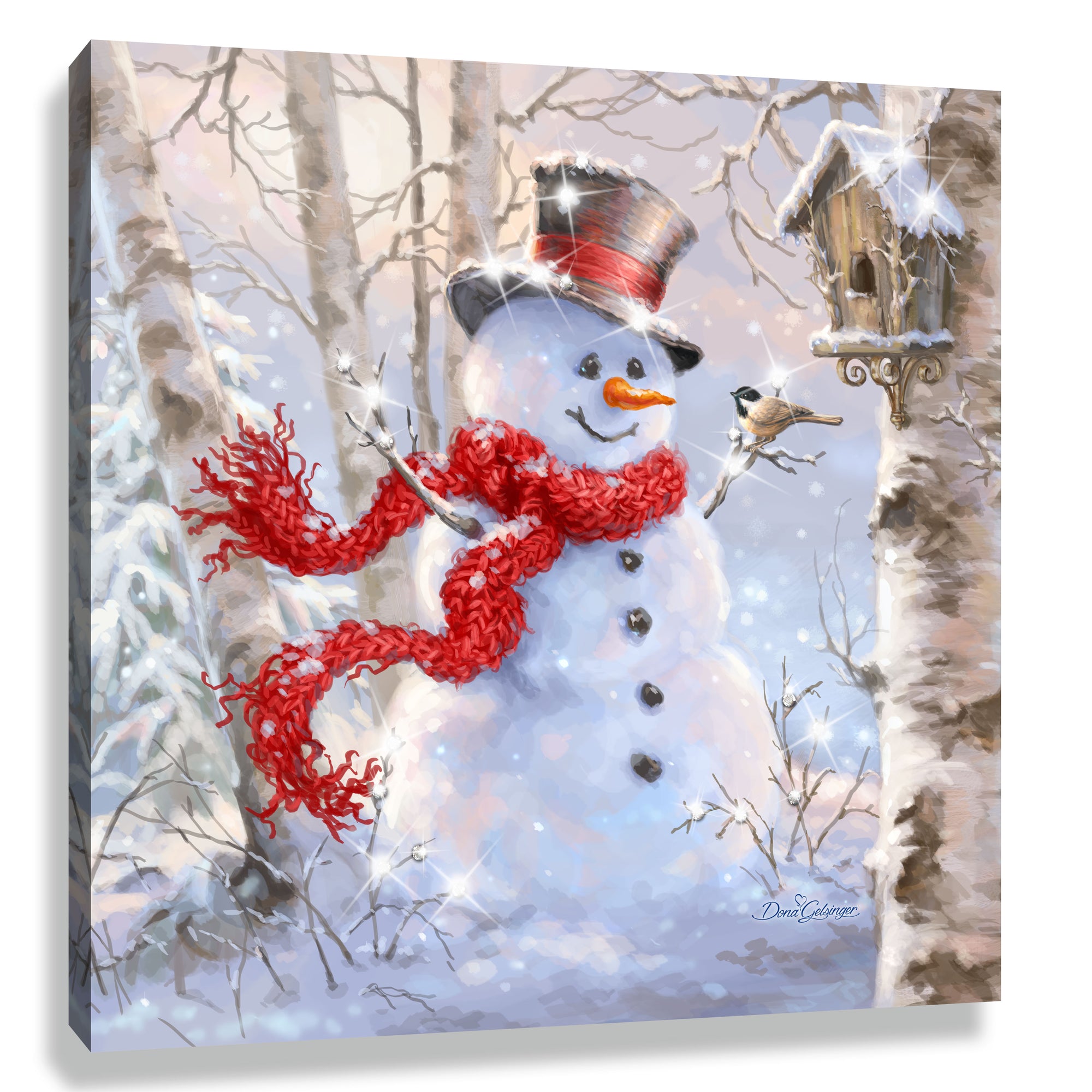 Birch Forest Snowman Pizazz Print with Dazzling Crystals. Snowman in the woods with a bird and birdhouse.