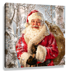 Birch Forest Santa Pizazz Print with Dazzling Crystals. Santa with his sack in the forest with aurora borealis crystals.