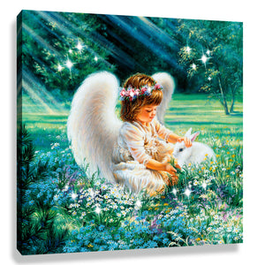 An Angel's Care Pizazz Print with Dazzling Crystals. A young angel petting a bunny in a bed of flowers.