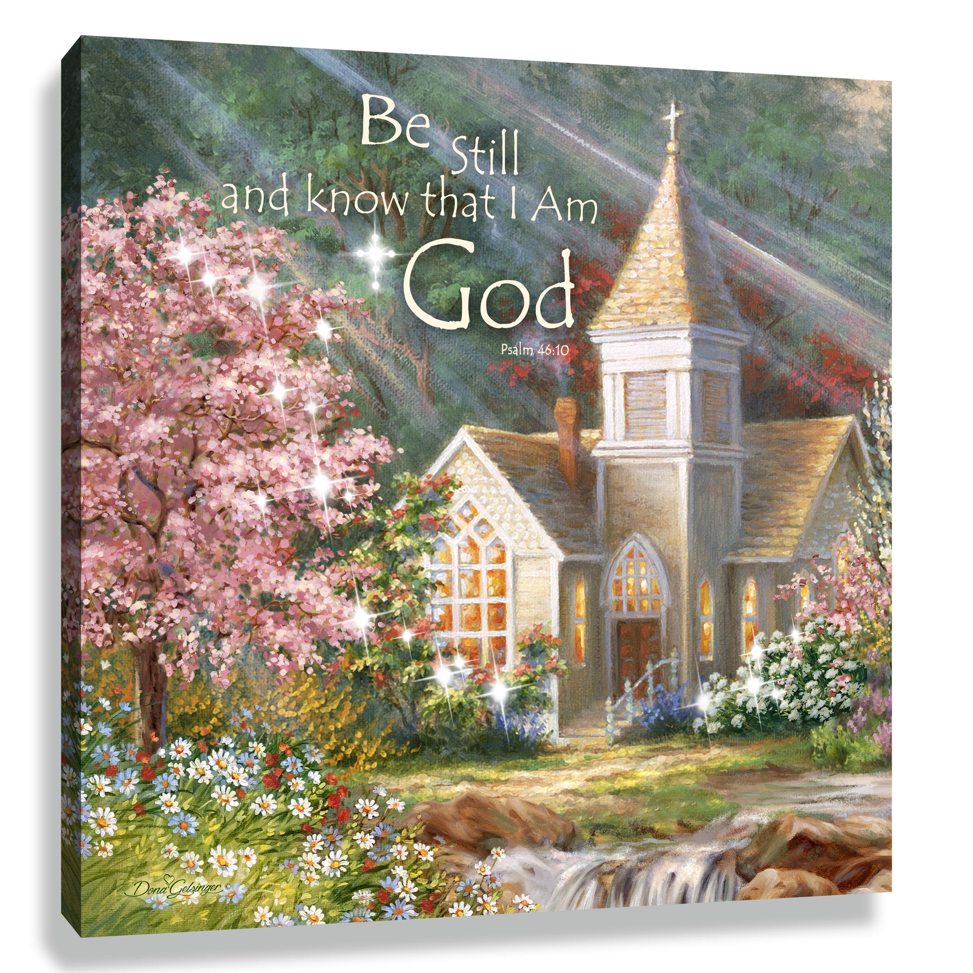 Be Still Pizazz Print with Dazzling Crystals. Spring chapel with blooming flowers and Psalm 46:10 written on it.