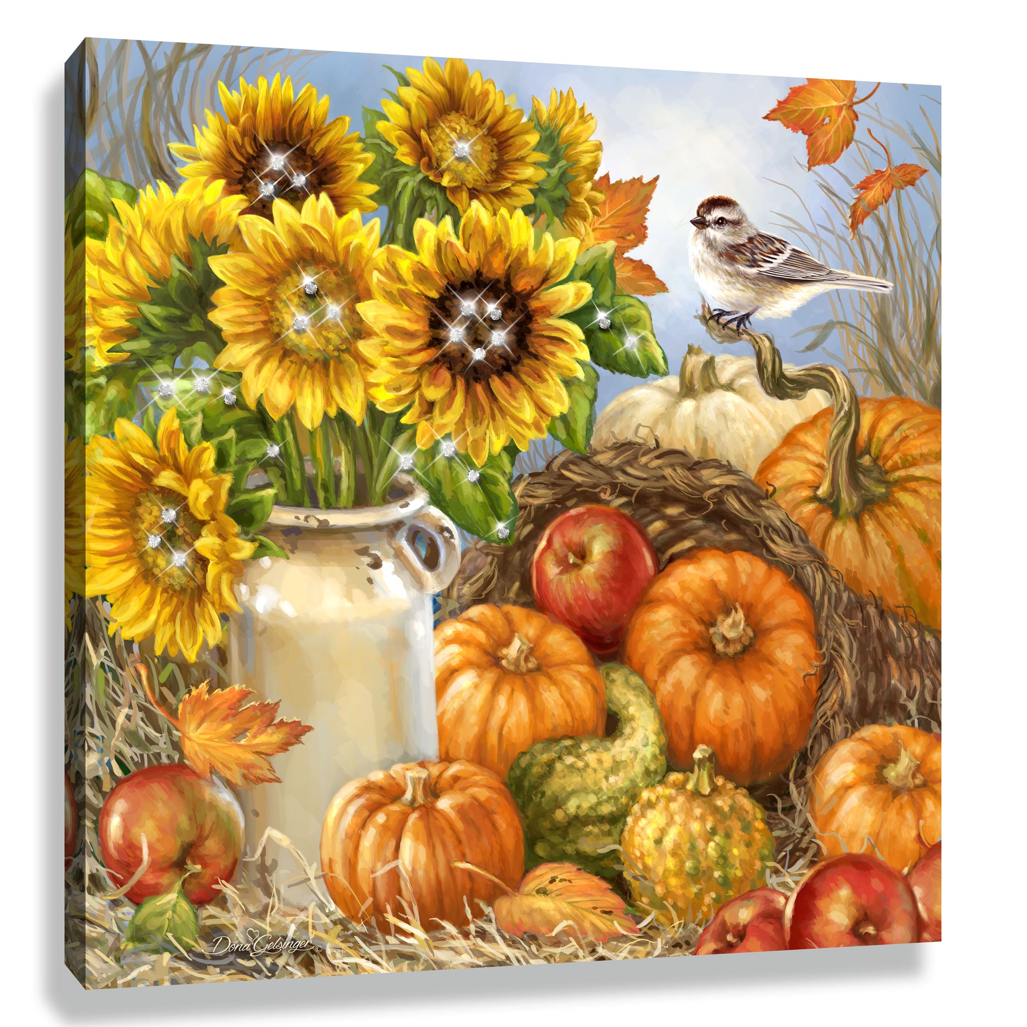 Bountiful Harvest Pizazz Print with Dazzling Crystals. Fall decorations painted and embroidered with aurora borealis crystals.