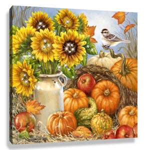 Bountiful Harvest Pizazz Print with Dazzling Crystals. Fall decorations painted and embroidered with aurora borealis crystals.
