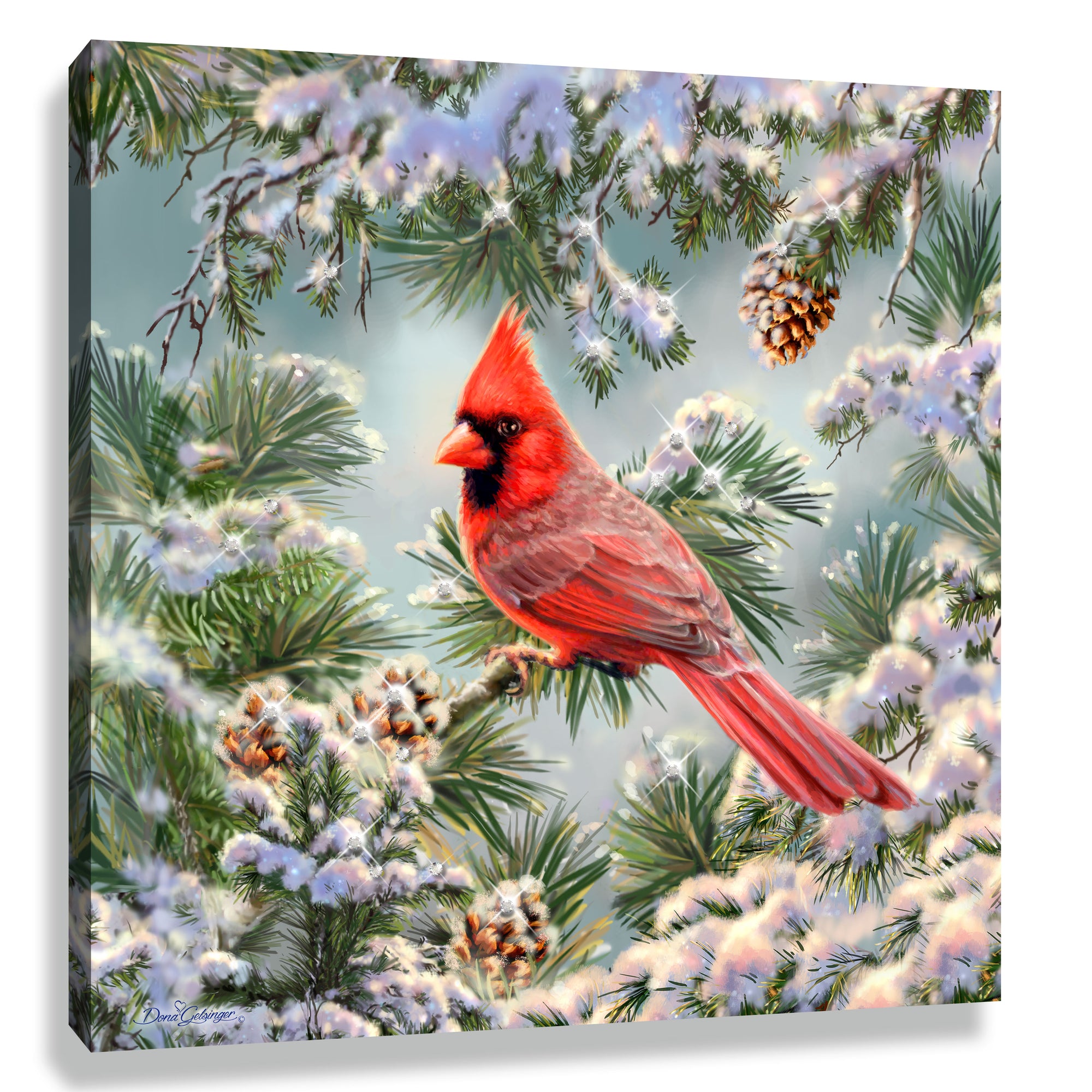 Snowy Pine Cardinal Pizazz Print with Dazzling Crystals