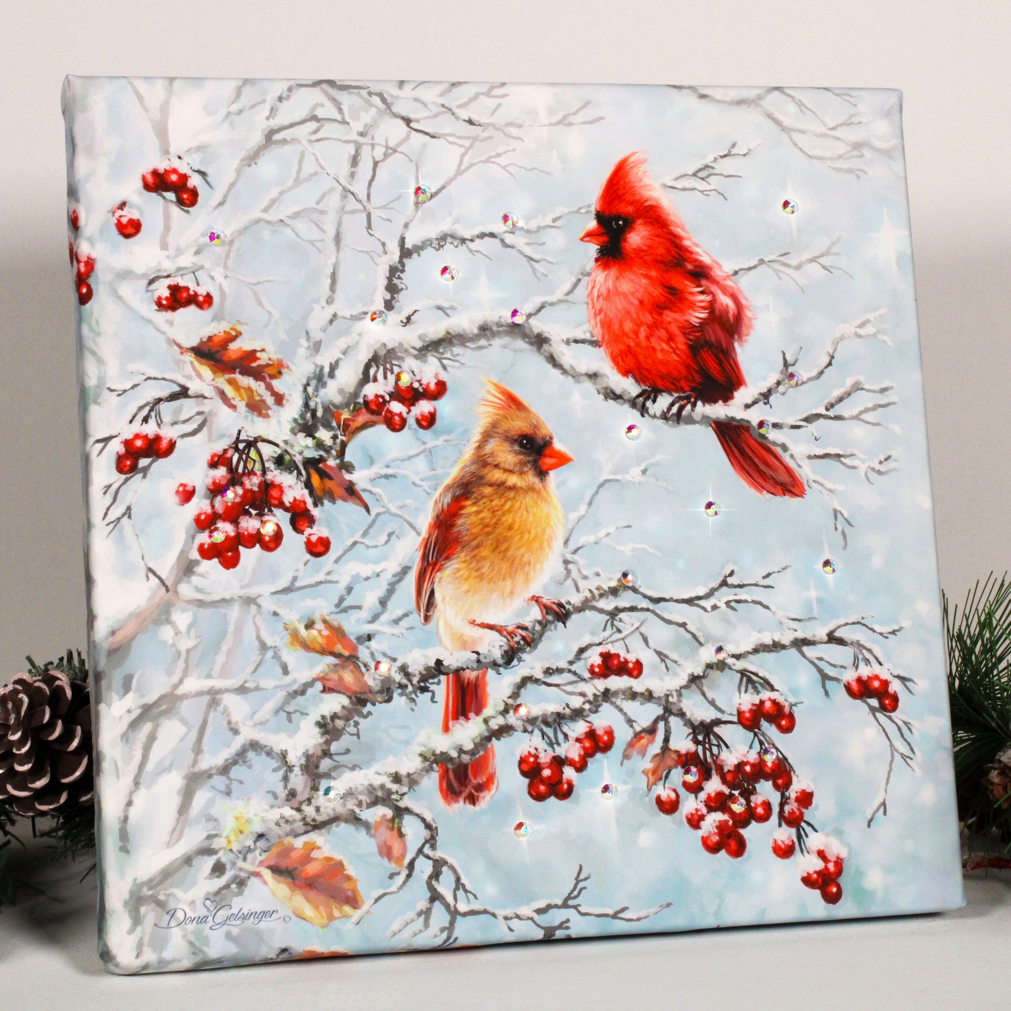 two stunning cardinals perched on snow-covered branches, surrounded by an abundance of vibrant red berries. This breathtaking scene captures the essence of the season.