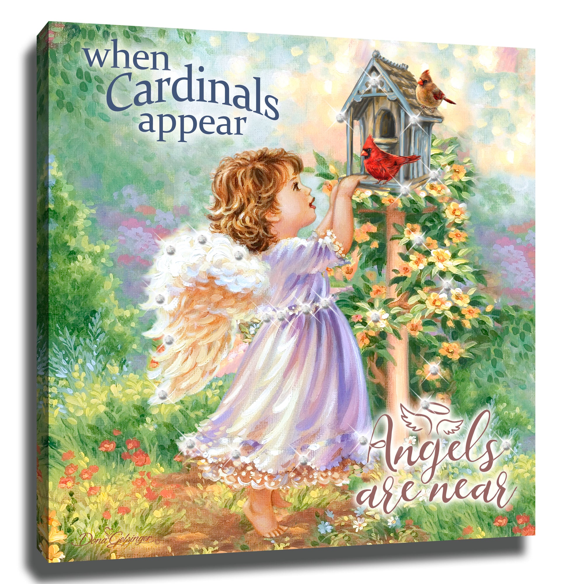 Angels Appear Pizazz Print with Dazzling Crystals. An angel looking at a cardinal.