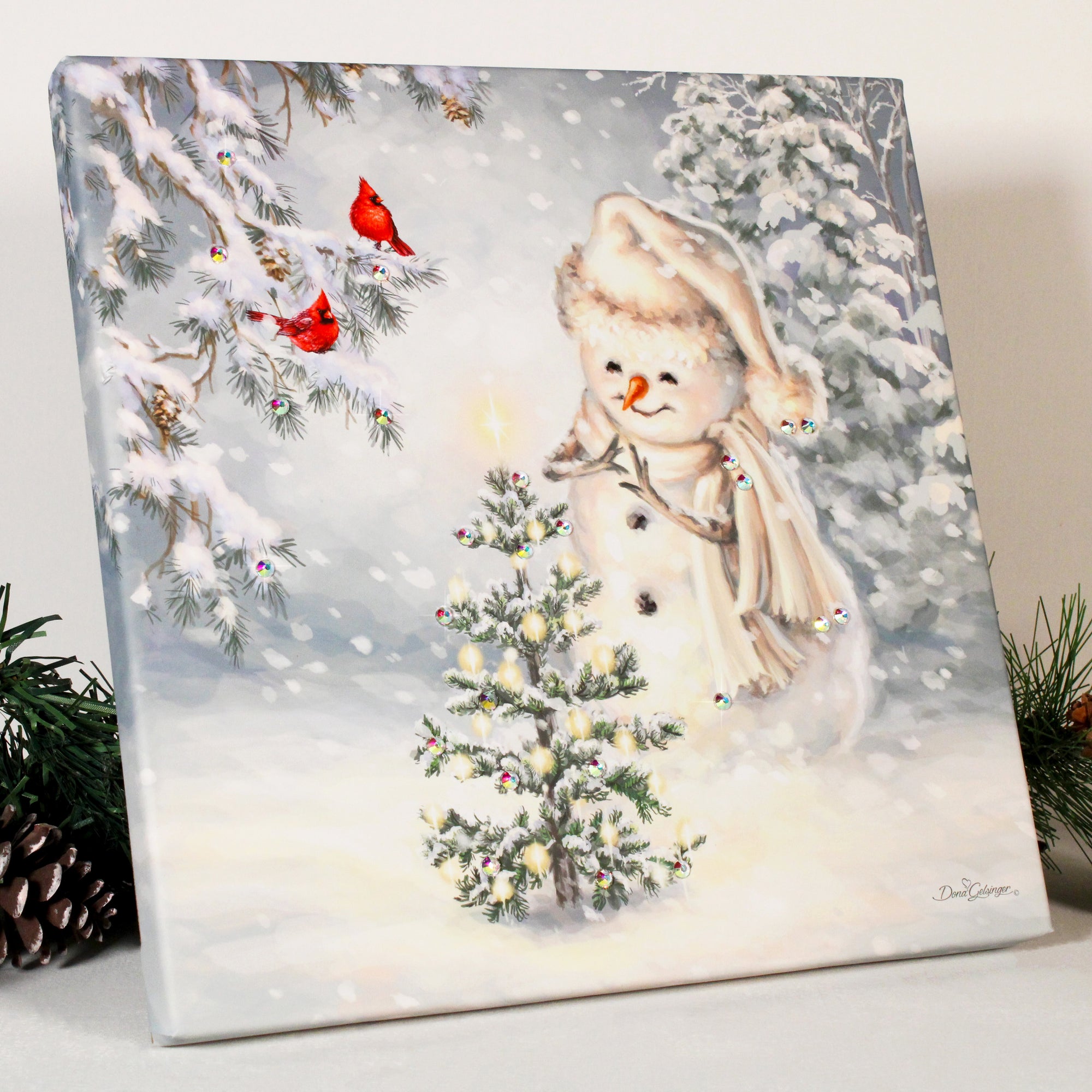 a cheerful snowman gazing upon a beautifully lit pine tree with a star shining bright on top.  With its stunning combination of dazzling crystals and vibrant colors, this print is sure to become the centerpiece of your holiday decor. The snowman, adorned in a cozy white scarf and beanie.