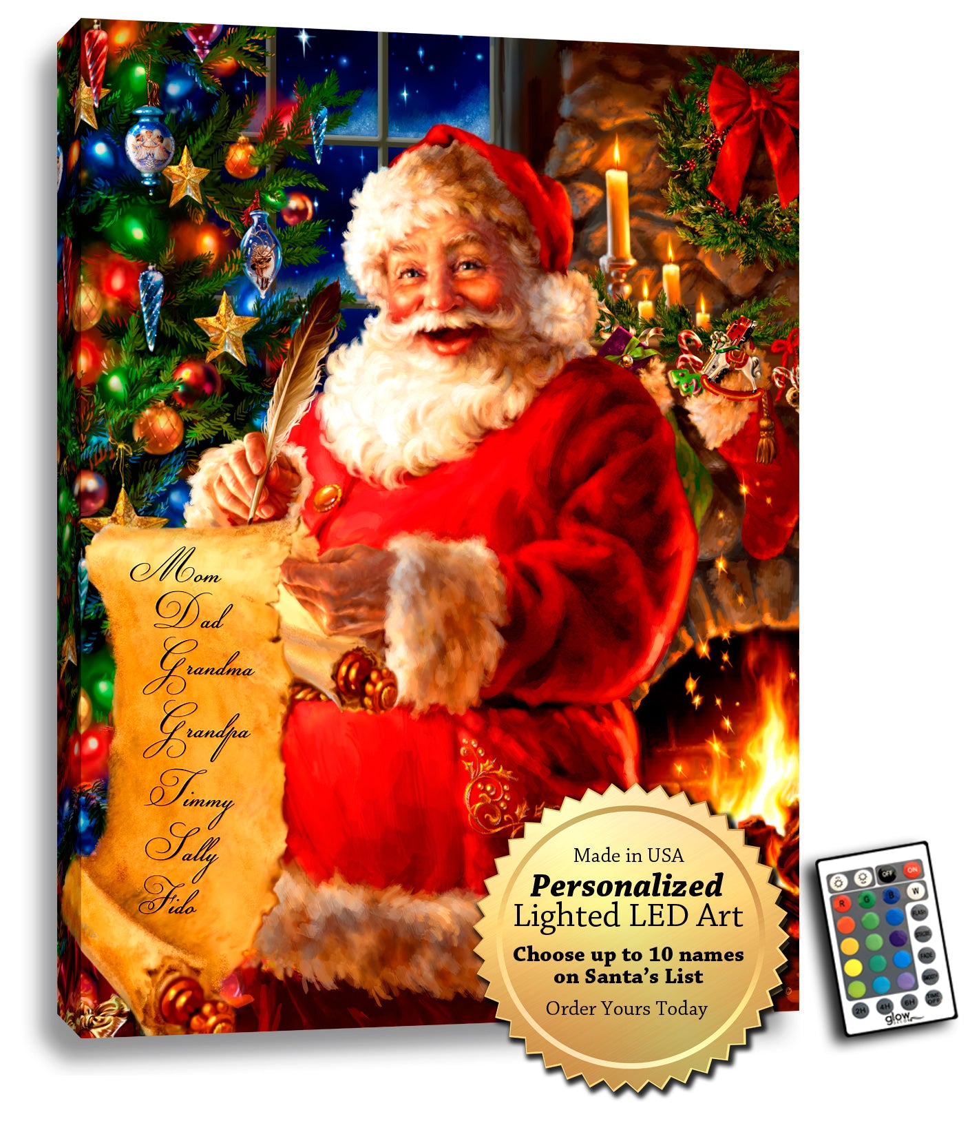 Featuring a jolly snowman in his iconic red suit, holding his list with a feather pen to check it twice, this beautiful piece will light up any room with its warm glow.  But that's not all - you can customize the wall art with up to 10 names on the list, making it the perfect way to celebrate your entire family this Christmas. Behind the snowman, a beautifully decorated tree and roaring fire complete the cozy scene, with stockings hung on the mantle ready for Santa's arrival.