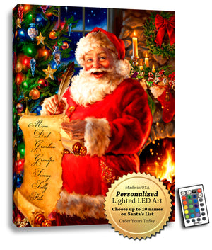 Featuring a jolly snowman in his iconic red suit, holding his list with a feather pen to check it twice, this beautiful piece will light up any room with its warm glow.  But that's not all - you can customize the wall art with up to 10 names on the list, making it the perfect way to celebrate your entire family this Christmas. Behind the snowman, a beautifully decorated tree and roaring fire complete the cozy scene, with stockings hung on the mantle ready for Santa's arrival.