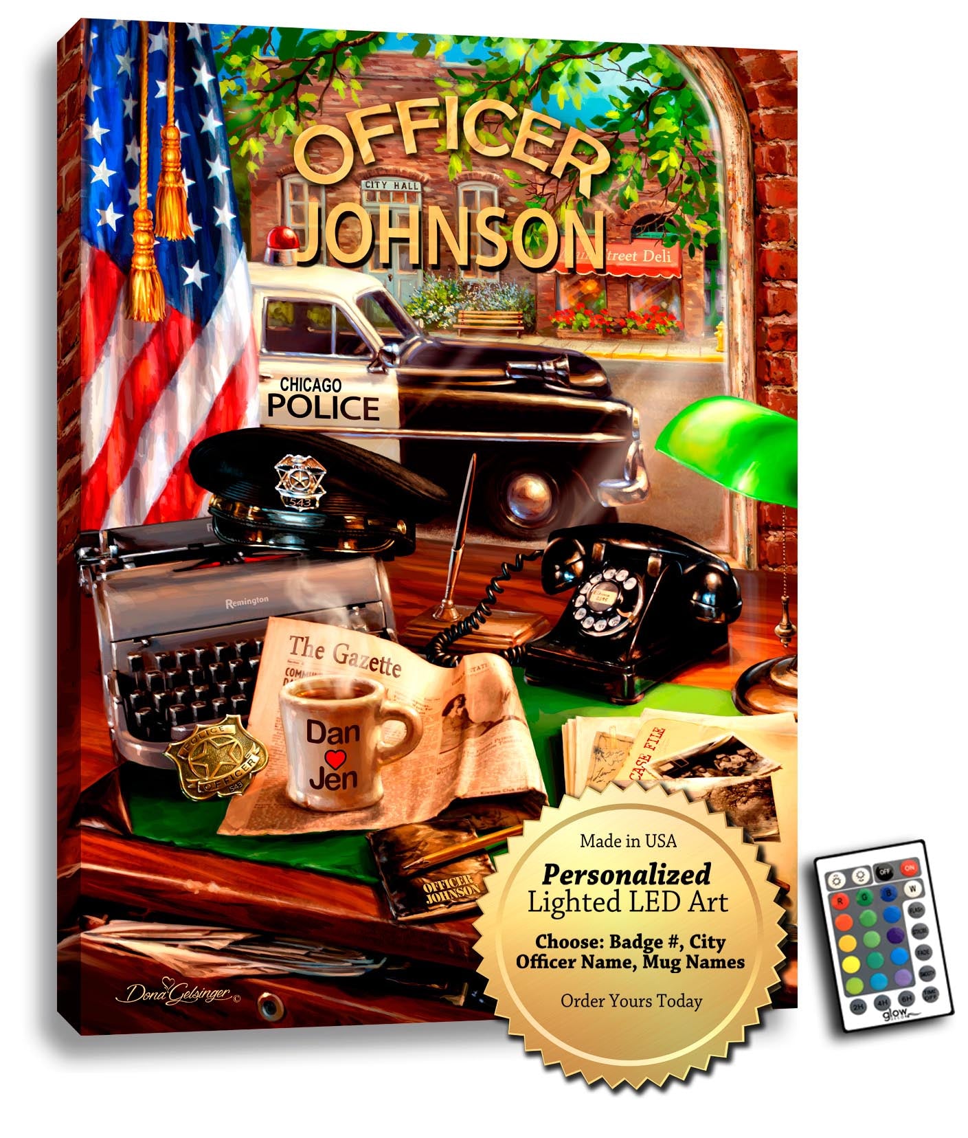 Featuring a stunning depiction of a police officer's desk, complete with all the essentials like a typewriter, phone, officers hat, badge, coffee cup, and case file, this piece is sure to impress. And with the ability to personalize the badge number, city, officers name, and name on the mugs, you can create a truly one-of-a-kind piece that they will treasure for years to come.