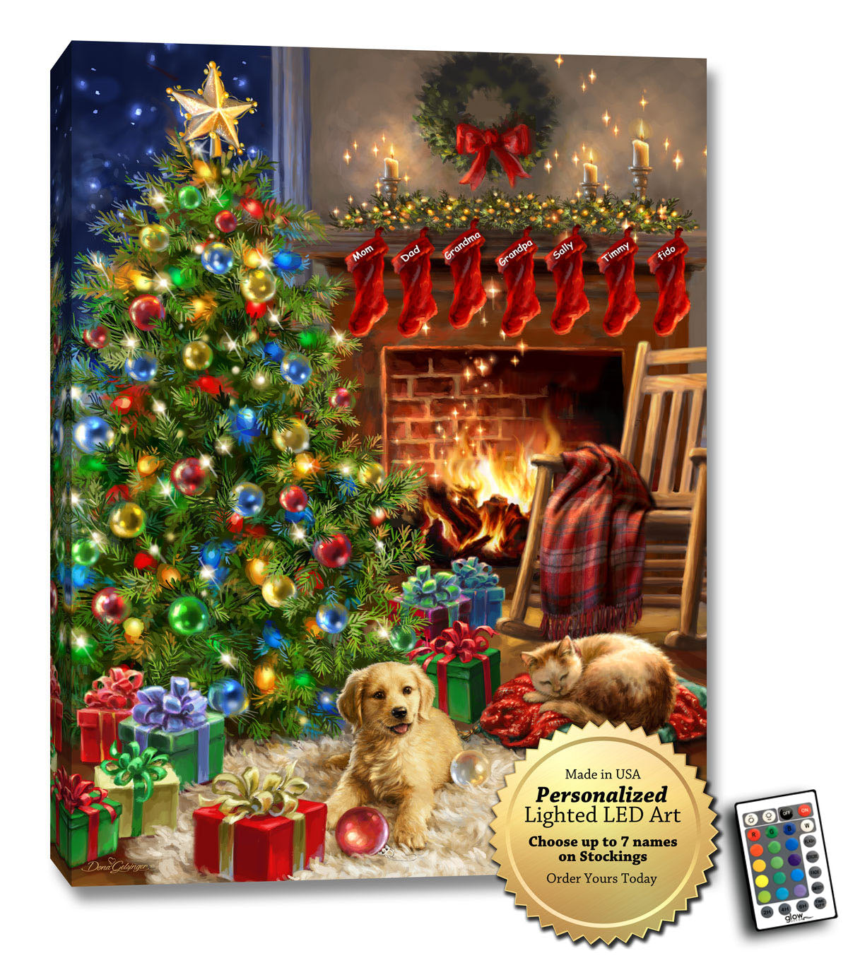 This stunning piece of wall art features a beautifully designed living room scene complete with a Christmas tree, stockings hung with care, a roaring fireplace, presents waiting to be unwrapped, and even a playful puppy and kitten.  What sets our Cozy Christmas wall art apart is the ability to personalize the name on the stockings and present tags.