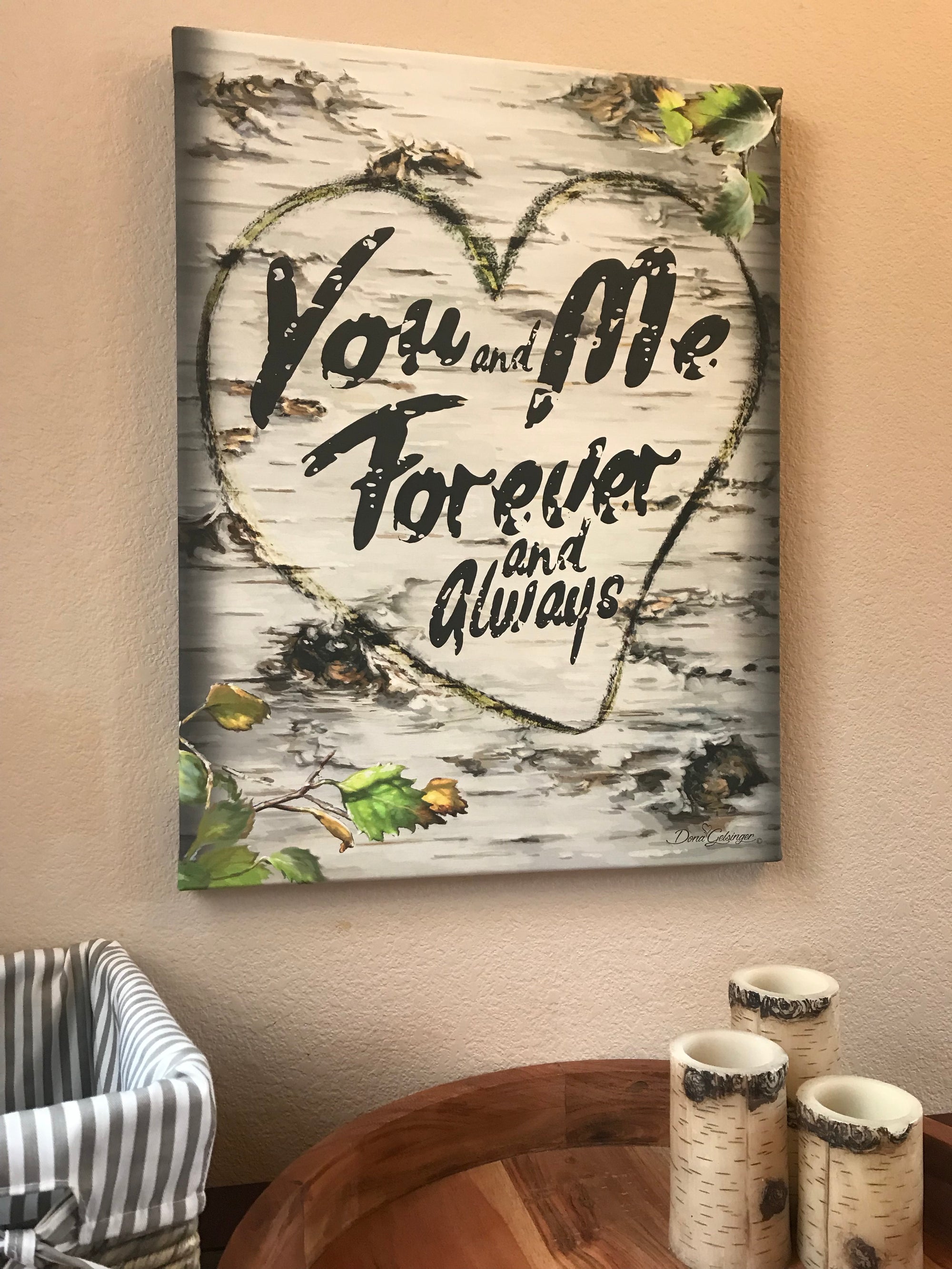 This exquisite piece portrays a beautiful birch tree trunk with a heart deeply engraved into it, symbolizing the unbreakable bond between two souls. Inside the heart, the words "you and me forever and always" are inscribed in elegant, flowing script, perfectly encapsulating the deep commitment and unwavering devotion shared by true lovers.